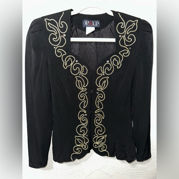 Opalis by Frank Hahn Tops - Black Blouse with Gold Embroidered V-Neck